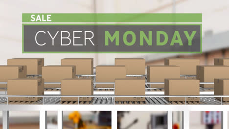 Animation-of-cyber-monday-text-over-cardboard-boxes-on-conveyor-belts-in-warehouse