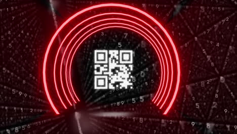 Digitale-Animation-Eines-Leuchtenden-QR-Codes-Vor-Reihen-Wechselnder-Zahlen-Auf-Schwarzem-Hintergrund