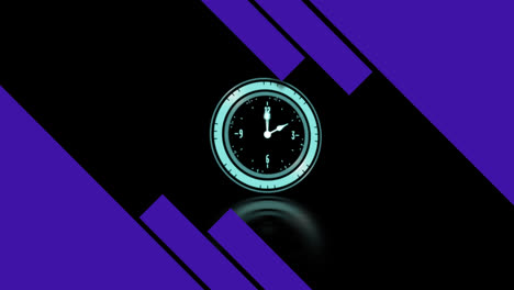 Animation-of-purple-rectangles-and-clock-with-rotating-hands-on-black-background