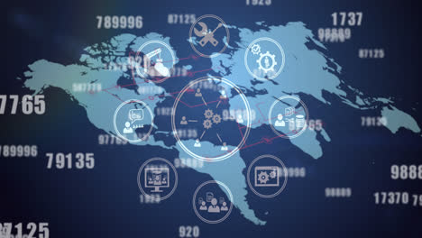 Network-of-digital-icons-and-multiple-changing-numbers-against-world-map-on-blue-background