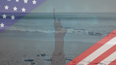 Animación-De-La-Bandera-Estadounidense-Que-Revela-La-Estatua-De-La-Libertad-Y-El-Mar-Con-Playa.