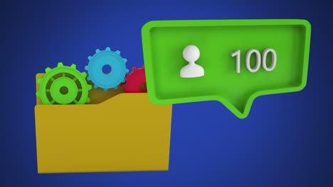 Profile-icon-and-increasing-numbers-on-speech-bubble-against-folder-icon-on-blue-background