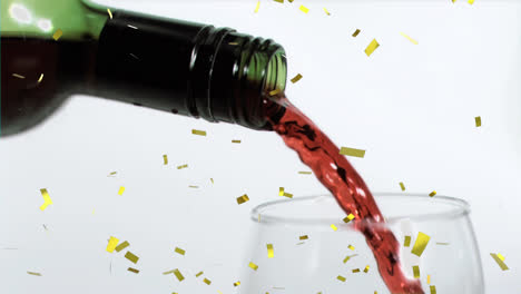Animation-of-confetti-falling-over-bottle-of-wine-on-white-background