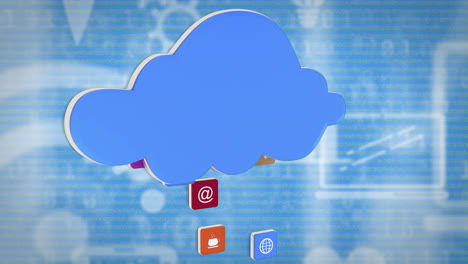 Animation-of-online-icons-and-digital-blue-cloud-on-blue-background