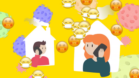 Mehrere-Gesichts-Emojis-über-Mann-Und-Frau,-Die-Zu-Hause-Auf-Dem-Smartphone-Sprechen,-Symbole-Gegen-Covid-19-Zellen