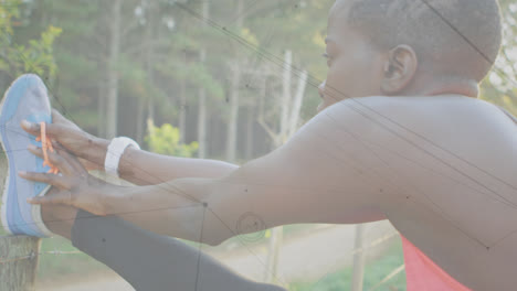 Animation-of-network-of-connections-over-woman-stretching-exercising-in-forest