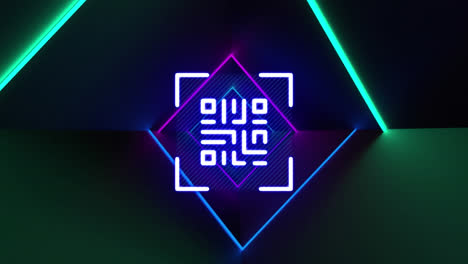 Digitale-Animation-Eines-Leuchtenden-Neonblauen-QR-Codes-Vor-Einem-Neonfarbenen-Tunnel-Auf-Schwarzem-Hintergrund