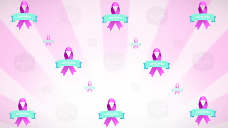 Animation-Mehrerer-Rosafarbener-Schleifenlogos-Und-Leuchtender-Brustkrebstexte-Auf-Rosa-Hintergrund