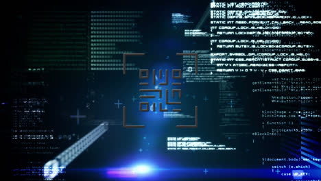 Digitale-Animation-Eines-Leuchtenden-Neonpinken-QR-Codes-Vor-Der-Datenverarbeitung-Auf-Schwarzem-Hintergrund