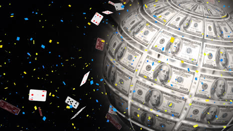 Animation-of-globe-of-dollars-rotating,-with-playing-cards-and-confetti,-on-black