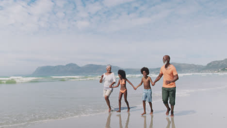 Mixed-race-senior-couple-with-grandchildren-walking-and-holding-hands-at-the-beach