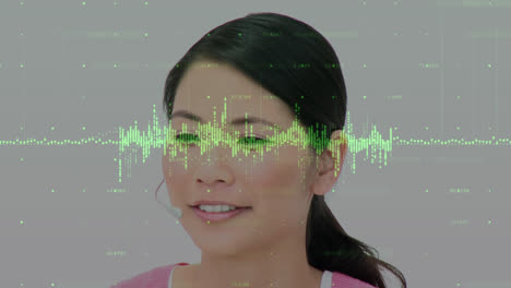Animation-of-statistics-and-data-processing-over-businesswoman-wearing-phone-headset