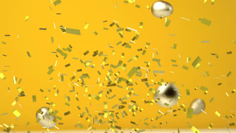 Animation-of-gold-confetti-and-gold-wrapped-chocolate-easter-eggs-falling-on-yellow-background