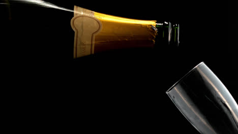 Animation-of-burning-document-over-champagne-bottle-pouring-into-glass-on-black-background