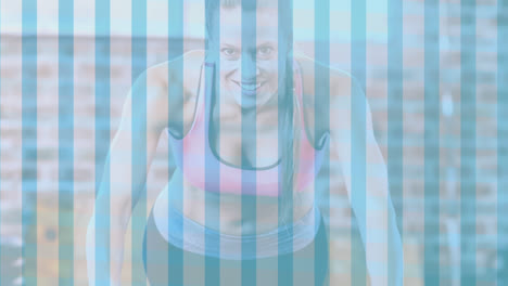 Animation-of-blue-stripes-over-woman-exercising