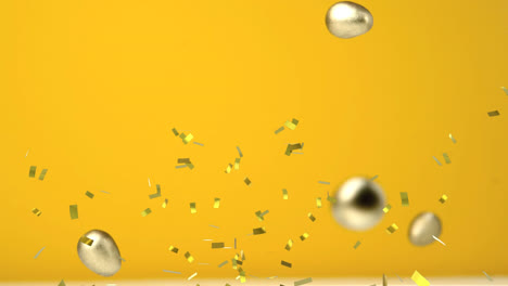 Animation-of-gold-confetti-over-chocolate-easter-egg-falling-and-breaking,-on-yellow