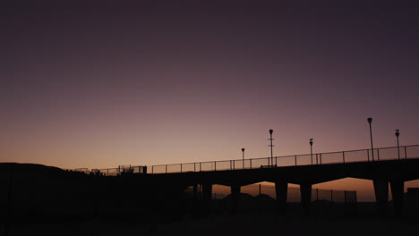 Silhouette-of-a-bird-flying-over-a-bridge-and-street-lamps-at-sunset
