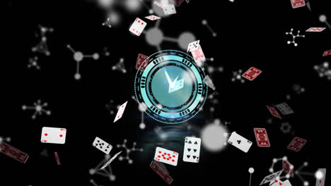 Animation-of-clock-with-turning-hands,-over-falling-playing-cards-and-white-networks,-on-black