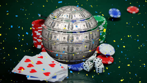 Animation-of-globe-formed-with-american-dollars-over-casino-gambling-chips-and-cards