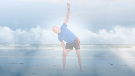 Animation-of-glowing-light-over-portrait-of-senior-man-exercising-by-sea
