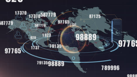 Mehrere-Wechselnde-Zahlen-über-Einem-Sich-Drehenden-Globus-Vor-Einer-Weltkarte-Auf-Blauem-Hintergrund