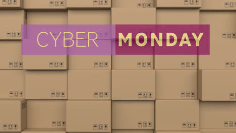 Animation-of-cyber-monday-text-over-stack-of-cardboard-boxes-in-warehouse