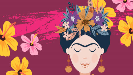 Digital-animation-of-multiple-flowers-and-woman-icon-against-pink-background