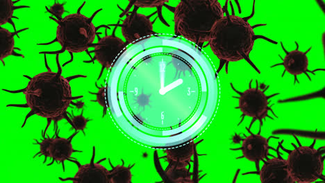 Animation-Des-Uhr--Und-Zielfernrohrscannens-über-Covid-19-Zellen-Auf-Hellgrünem-Hintergrund