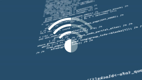 Animation-of-wifi-icon-and-digital-data-processing-on-blue-background