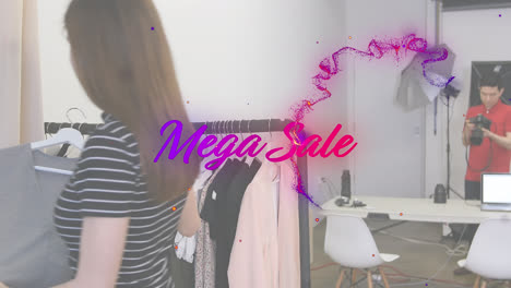 Animation-of-mega-sale-text-clothes-on-hangers-and-woman