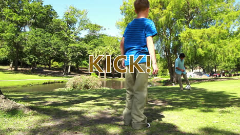 Animation-of-kick-text-over-father-and-son-playing-football