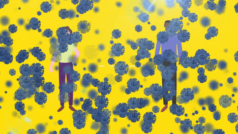 Animation-Von-Covid-19-Zellen-über-Menschen-Auf-Gelbem-Hintergrund