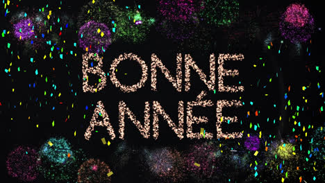 Animation-of-glittering-text-bonne-annee,-with-confetti-and-fireworks,-on-black-background