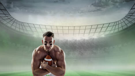 Animation-Eines-Rugbyspielers,-Der-Den-Ball-über-Das-Sportstadion-Hält