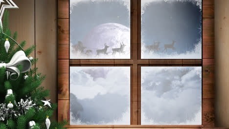 Animation-Einer-Winterlandschaft-Mit-Weihnachtsdekoration,-Gesehen-Durch-Ein-Fenster