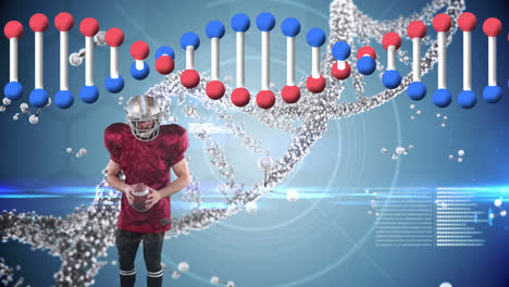Animation-of-dna-strand-spinning-and-data-processing-over-american-football-player