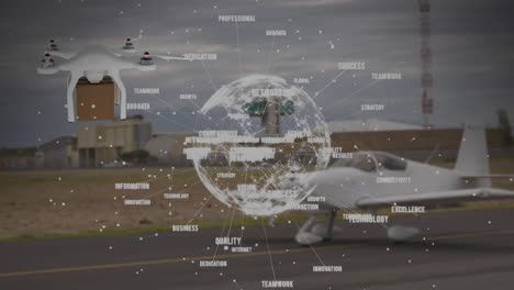 Animation-of-network-of-connections-over-drone-with-parcel-over-airport-apron