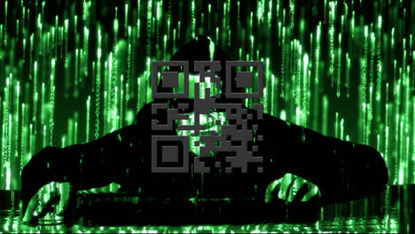 Digitale-Animation-Eines-Leuchtenden-Neongrünen-QR-Codes-Und-Lichtspuren,-Die-über-Einen-Männlichen-Hacker-Fallen
