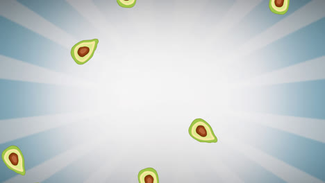 Animation-of-avocados-moving-on-blue-striped-background