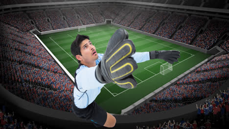 Animation-of-goalkeeper-reaching-for-ball-over-sports-stadium