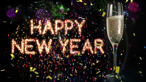 Animation-of-glittering-text-happy-new-year,-with-confetti,-fireworks-and-champagne-glass,-on-black