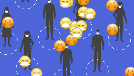 Mehrere-Gesichts-Emojis-Fallen-über-Die-Silhouette-Von-Menschen,-Die-Symbole-Zur-Sozialen-Distanzierung-Einhalten