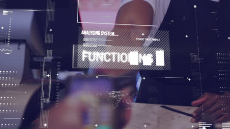 Animation-of-digital-interface-and-analysis-information-with-shopkeeper-wearing-face-mask
