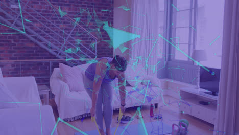 Animation-of-network-of-connections-over-woman-exercising-with-rubber-tape-at-home