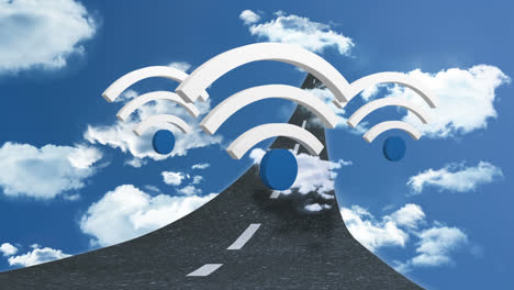 Animation-of-wifi-icons-and-clouds-and-road-on-blue-background