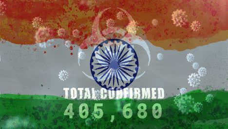 Composición-De-Células-Covid-19-Y-Signo-De-Riesgo-Biológico-Con-Número-De-Casos-Sobre-Bandera-India