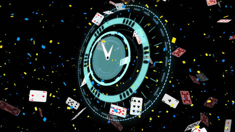 Animation-of-clock-and-scope-scanning-over-confetti-and-playing-cards
