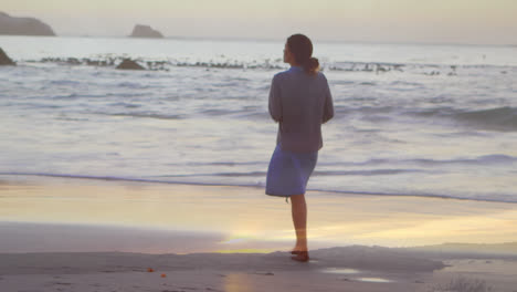 Rear-view-of-woman-walking-on-the-beach-during-sunset