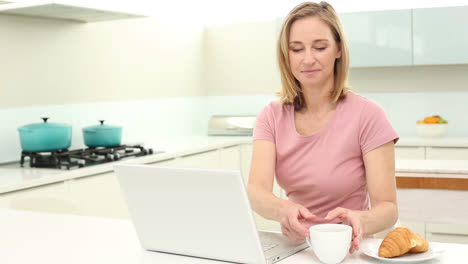 Mature-woman-drinking-coffee-at-breakfast-using-her-laptop