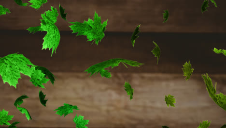 Animation-of-multiple-green-leaves-falling-over-brown-background
